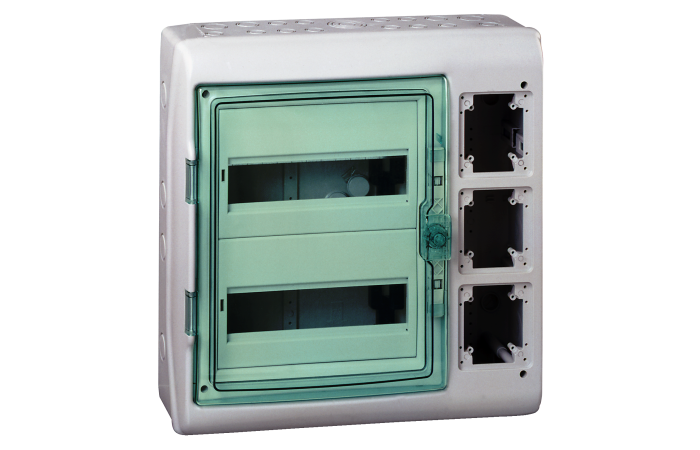 Skydelis v/t 24 (2x12) modulių IP65 su PE/N gnybtais 3 vietos lizdams skaidrios durys Mureva - SCHNEIDER ELECTRIC