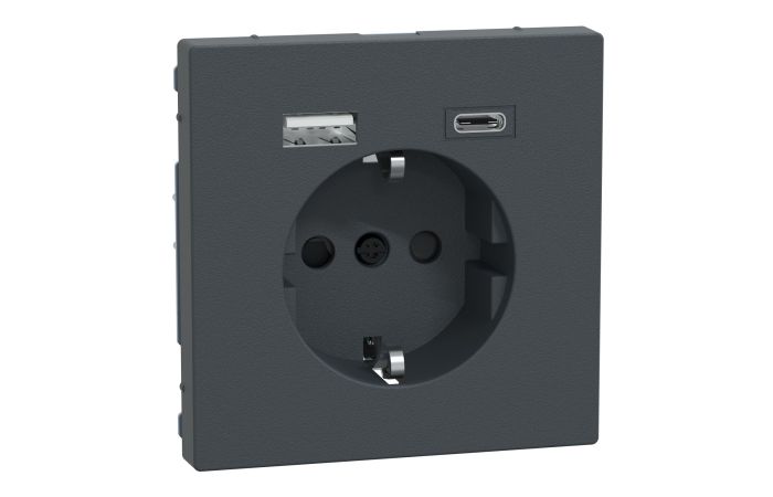 Lizdas p/t SCHUKO su USB A ir USB C 2.4A/3A be rėmelio užspaudžiami kontaktai antracito spalvos System M - SCHNEIDER ELECTRIC