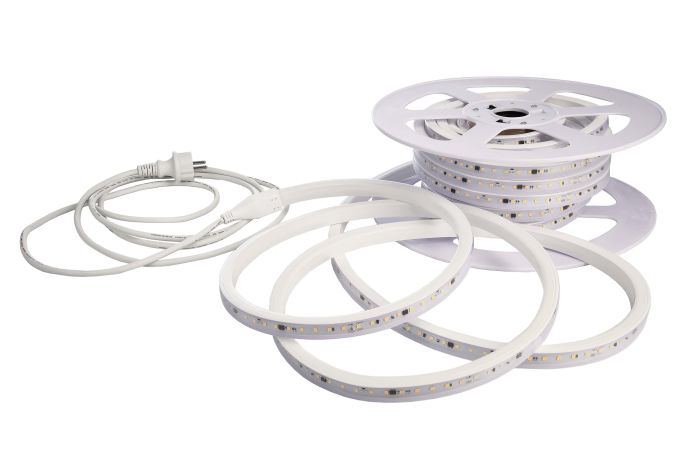 Juosta LED 14W/m 230V IP65 3000K 1470lm/m 105lm/W L-15m 30 laikiklių su kištuku - DEKO LIGHT