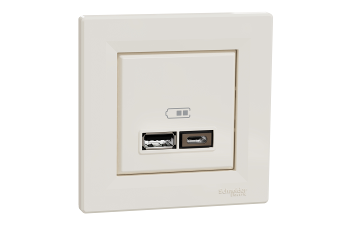 Lizdas p/t dvigubas USB A ir USB C 2.4A dramblio kaulo spalvos Asfora - SCHNEIDER ELECTRIC