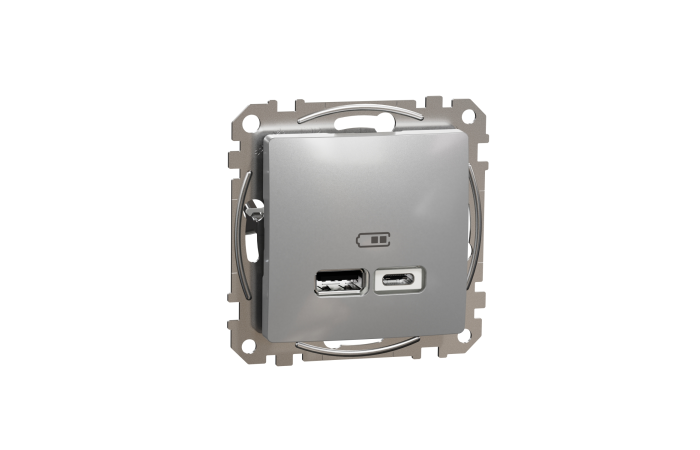 Lizdas p/t dvigubas USB A 2.1A ir USB C 2.4A be rėmelio aliuminio spalvos SEDNA DESIGN - SCHNEIDER ELECTRIC
