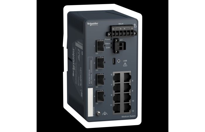 Modicon Managed Switch X/4SFP-Gbit, MCSESM123F2LG0, PROCES.AUTOMAT.CONTROL, NETWORKS_FIELDBUS, ETHERNET INFRASTRUCTUR - SCHNEIDER ELECTRIC (pavadinimas tikslinamas)