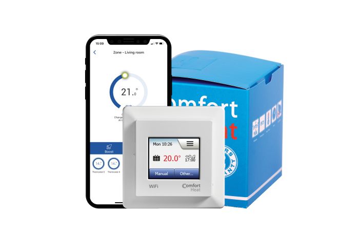 Reguliatorius temperatūros p/t grindų ir patalpos +5…+40C su Wi-Fi liečiamu ekranu baltas 16A/3600W 230V Comfort WiFi - COMFORTHEAT
