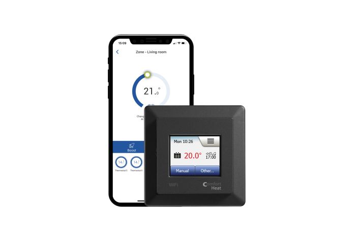 Reguliatorius temperatūros p/t grindų ir patalpos +5…+40C su Wi-Fi liečiamu ekranu juodas 16A/3600W 230V Comfort WiFi - COMFORTHEAT