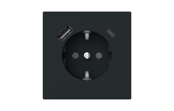 Lizdas p/t SCHUKO su USB A ir USB C 2.4/3A su apsauga nuo vaikų juodos matinės spalvos 16A 230V 20 EUCB2USBAC-45M Busch-Art Linear - ABB
