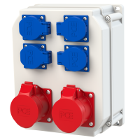 Dėžutė v/t su lizdais SCHUKO 4x16A, CEE 2x5P 16A, M25 IP44/54 [255x204x114] SCHWAZ ECOline - PCE