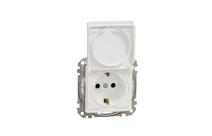 Lizdas p/t SCHUKO su dangteliu IP44 be rėmelio su apsauga nuo vaikų užspaudžiami kontaktai baltos spalvos 16A 250V SEDNA DESIGN - SCHNEIDER ELECTRIC