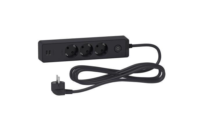 Ilgiklis 3m 3 lizdų su įžeminimu ir 2xUSB juodas Unica - SCHNEIDER ELECTRIC