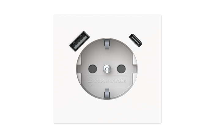 Lizdas p/t SCHUKO su USB A ir USB C 2.4/3A su apsauga nuo vaikų baltos matinės spalvos 16A 230V 20 EUCB2USBAC-44M Busch-Art Linear - ABB