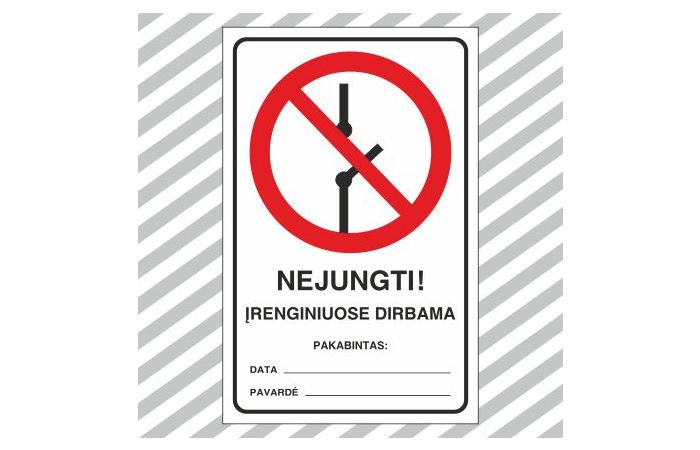Ženklas simbolis NEJUNGTI. ĮRENGINIUOSE DIRBAMA 180x290mm lipdukas EL/10 - SAUGOS ŽENKLAI