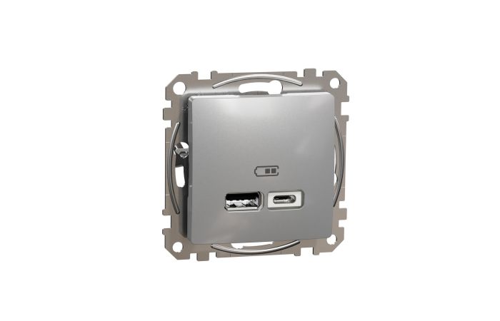 Lizdas p/t dvigubas USB A 2.1A ir USB C 2.4A be rėmelio aliuminio spalvos SEDNA DESIGN - SCHNEIDER ELECTRIC