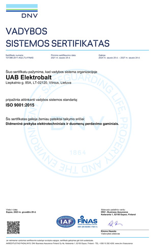 UAB Elektrobalt ISO 9001:2015 Vadybos sistemos sertifikatas